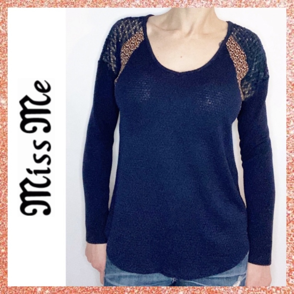 Miss Me Navy Blue Lace Trim V-Neck Blouse Large L